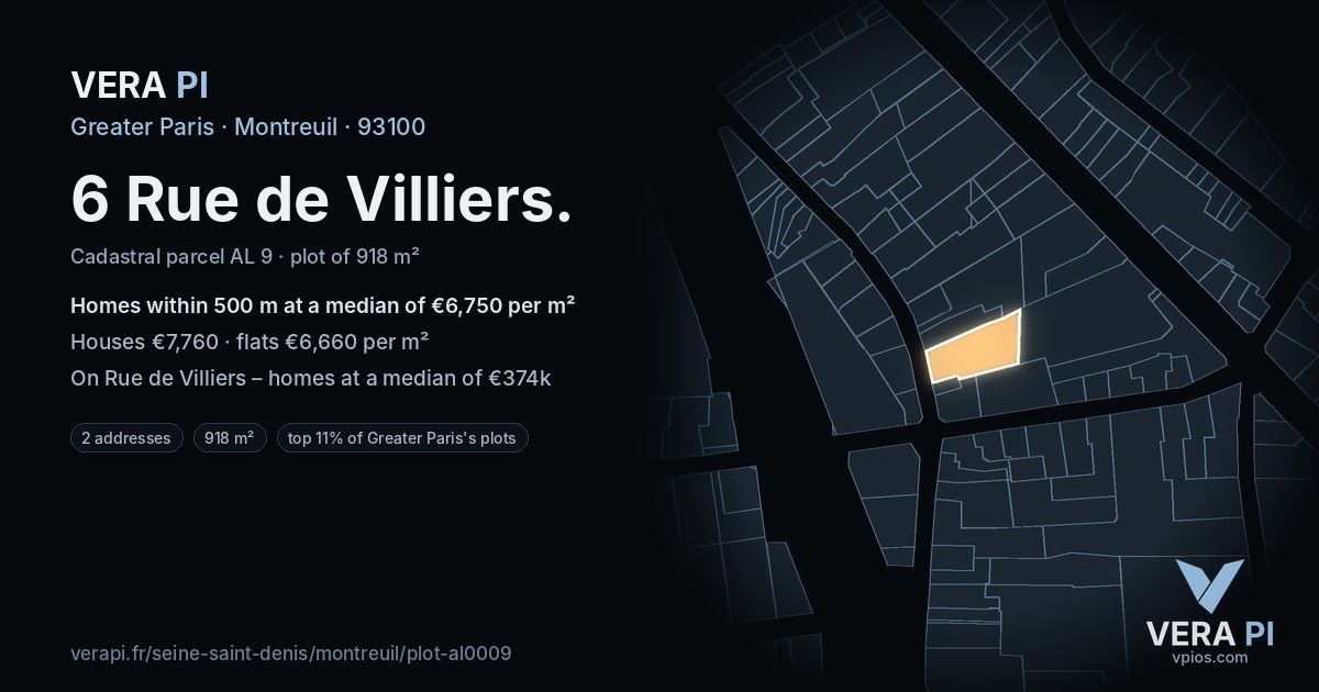 6 Rue de Villiers, Montreuil at night – the plot lit, the parcels around coloured by the prices near them