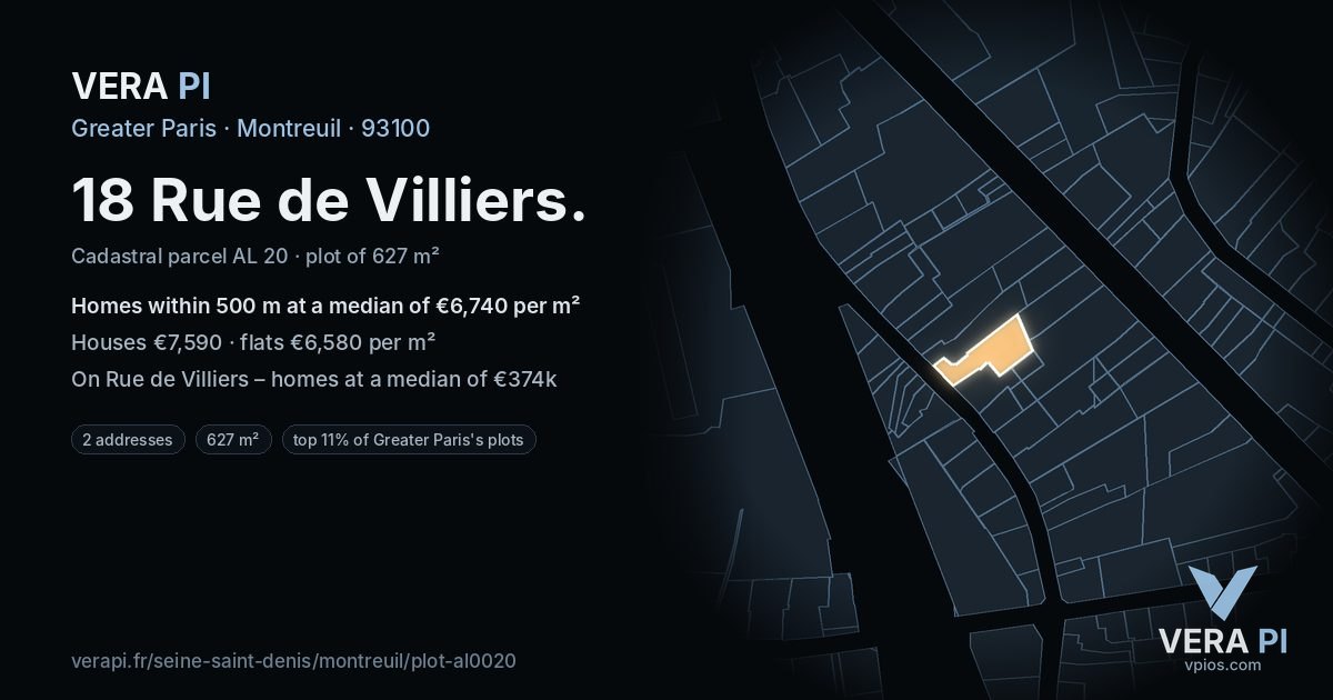 18 Rue de Villiers, Montreuil at night – the plot lit, the parcels around coloured by the prices near them