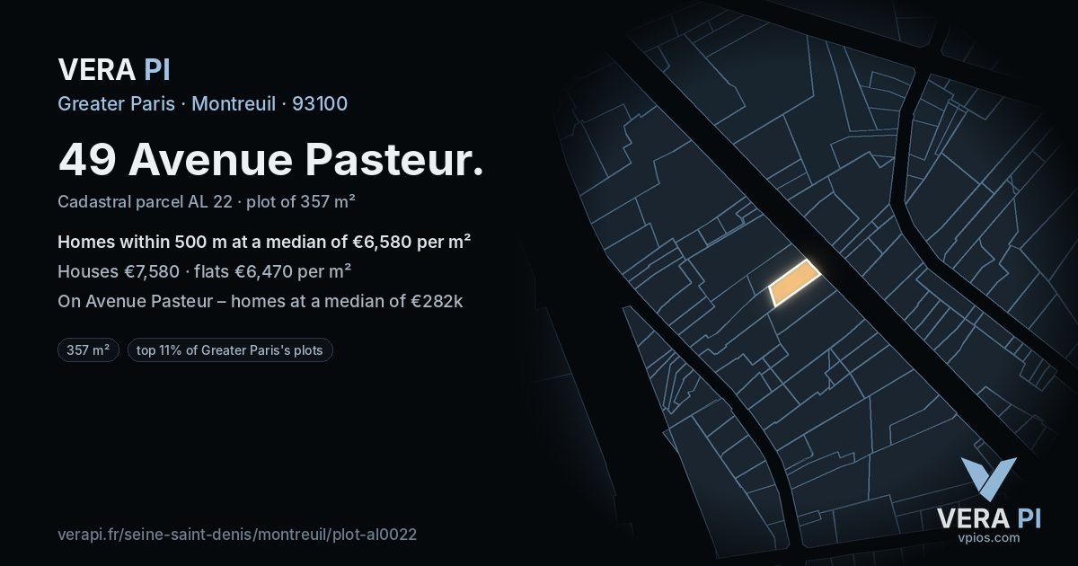 49 Avenue Pasteur, Montreuil at night – the plot lit, the parcels around coloured by the prices near them