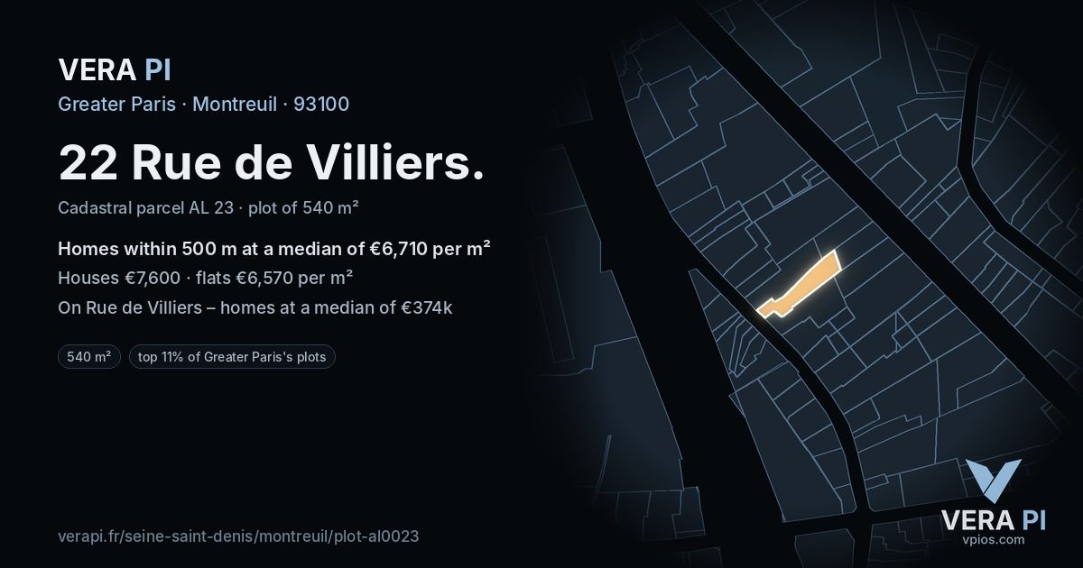 22 Rue de Villiers, Montreuil at night – the plot lit, the parcels around coloured by the prices near them