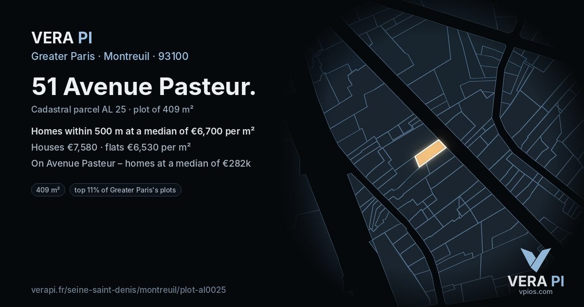 51 Avenue Pasteur, Montreuil at night – the plot lit, the parcels around coloured by the prices near them