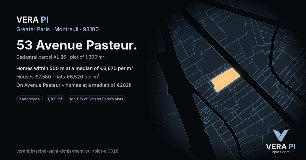 53 Avenue Pasteur, Montreuil at night – the plot lit, the parcels around coloured by the prices near them