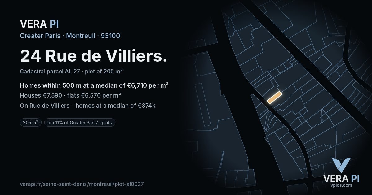 24 Rue de Villiers, Montreuil at night – the plot lit, the parcels around coloured by the prices near them