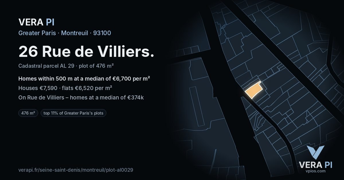 26 Rue de Villiers, Montreuil at night – the plot lit, the parcels around coloured by the prices near them