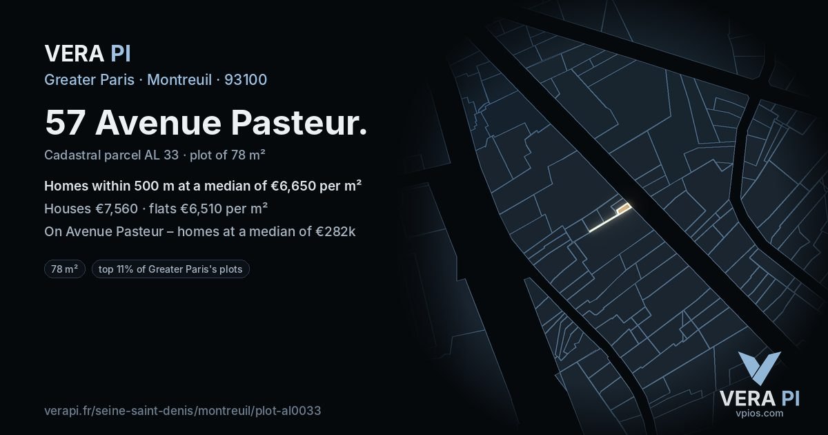 57 Avenue Pasteur, Montreuil at night – the plot lit, the parcels around coloured by the prices near them