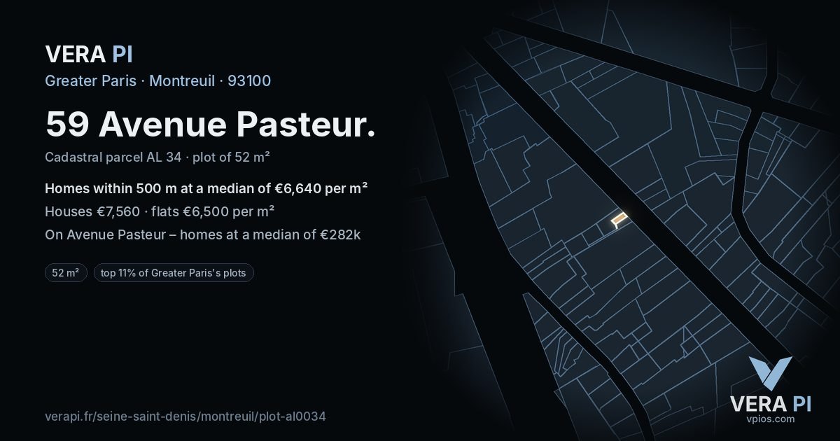 59 Avenue Pasteur, Montreuil at night – the plot lit, the parcels around coloured by the prices near them