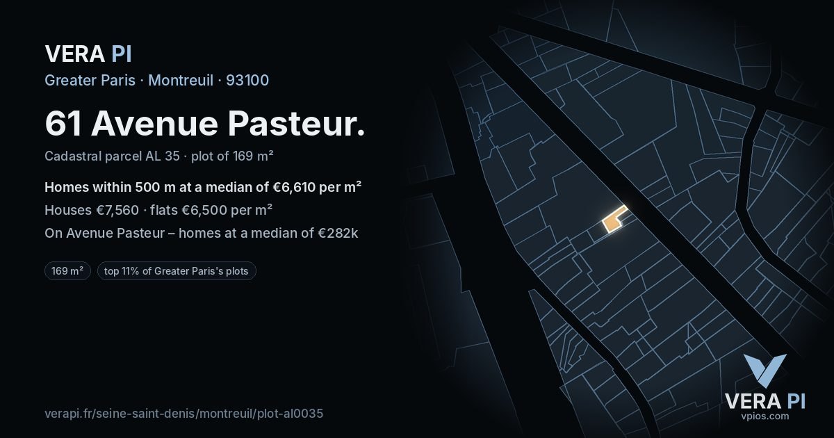 61 Avenue Pasteur, Montreuil at night – the plot lit, the parcels around coloured by the prices near them