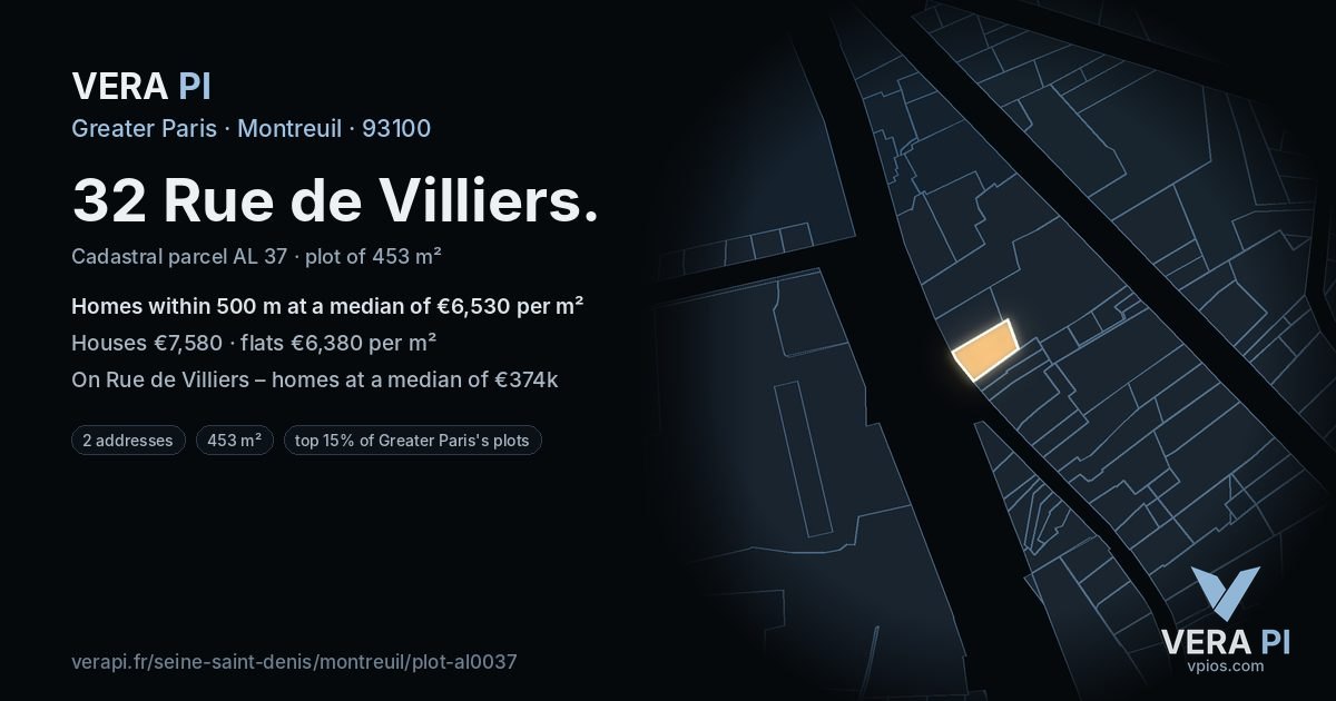 32 Rue de Villiers, Montreuil at night – the plot lit, the parcels around coloured by the prices near them