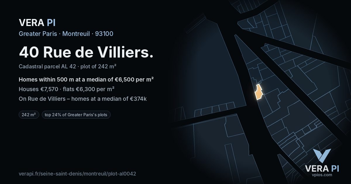 40 Rue de Villiers, Montreuil at night – the plot lit, the parcels around coloured by the prices near them