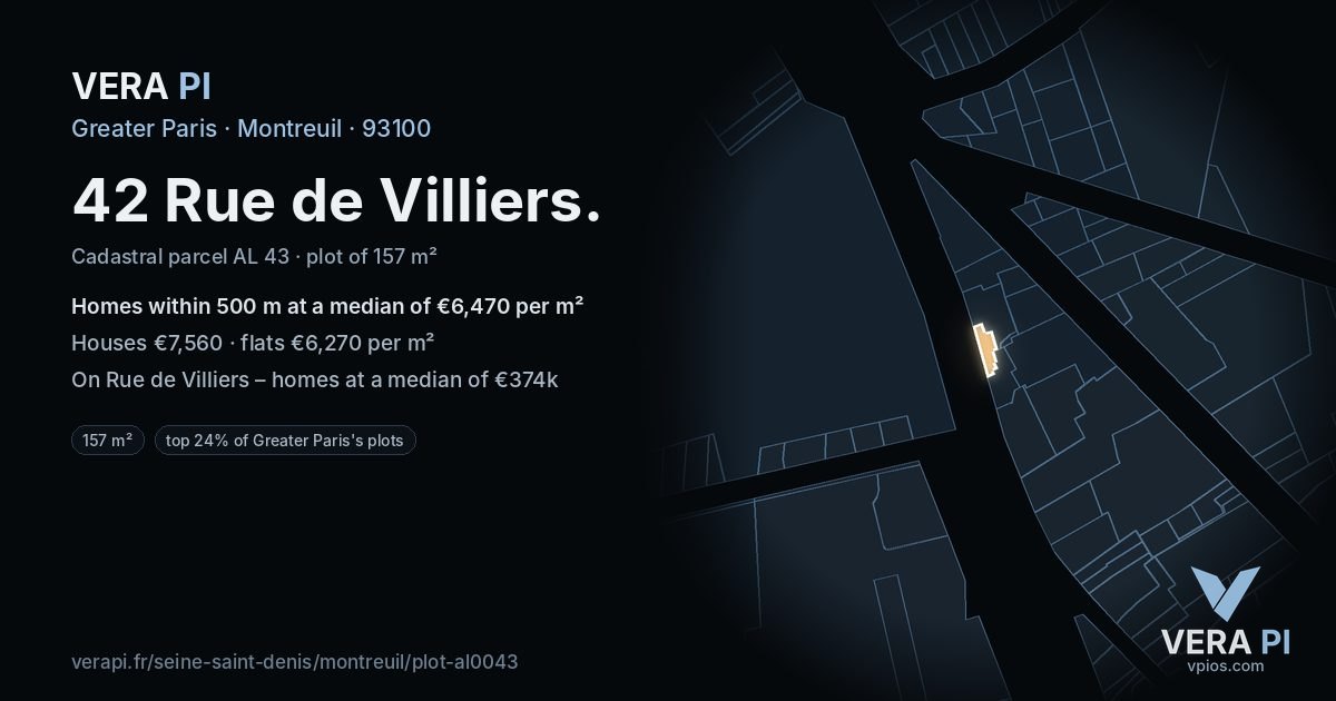 42 Rue de Villiers, Montreuil at night – the plot lit, the parcels around coloured by the prices near them