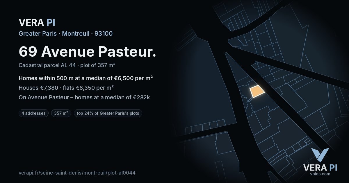 69 Avenue Pasteur, Montreuil at night – the plot lit, the parcels around coloured by the prices near them