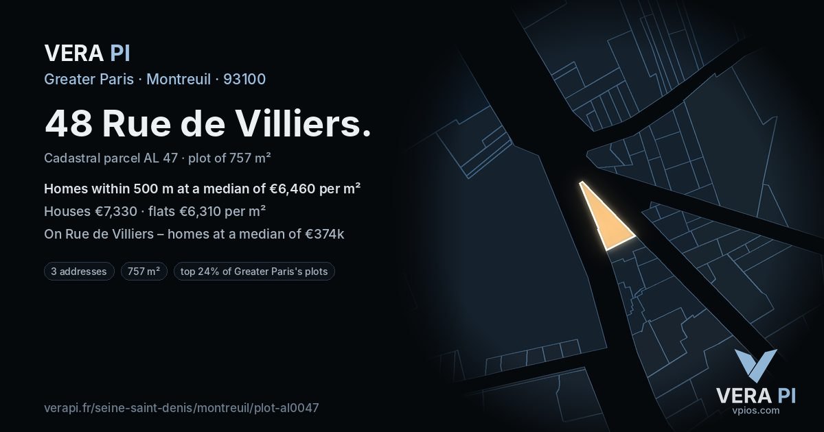 48 Rue de Villiers, Montreuil at night – the plot lit, the parcels around coloured by the prices near them