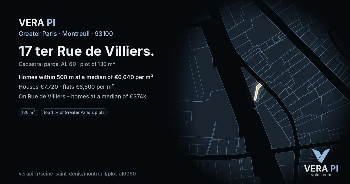17 ter Rue de Villiers, Montreuil at night – the plot lit, the parcels around coloured by the prices near them