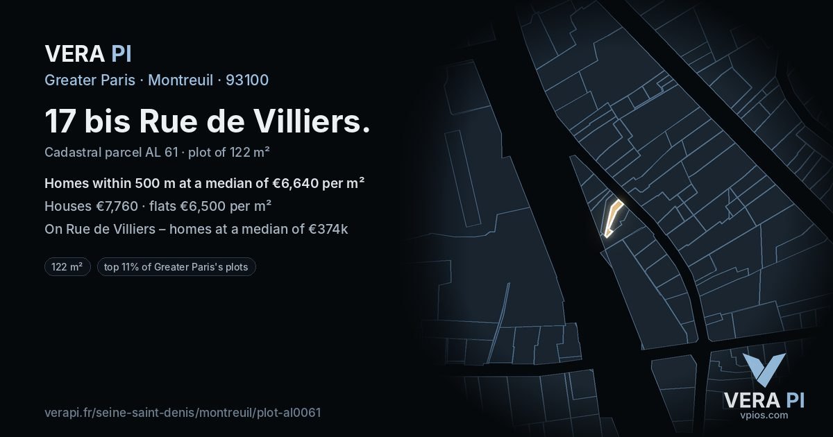 17 bis Rue de Villiers, Montreuil at night – the plot lit, the parcels around coloured by the prices near them
