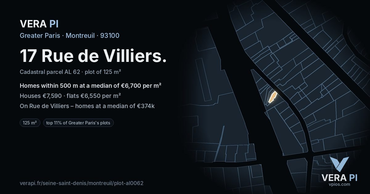 17 Rue de Villiers, Montreuil at night – the plot lit, the parcels around coloured by the prices near them