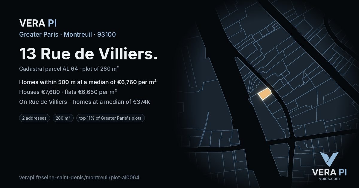 13 Rue de Villiers, Montreuil at night – the plot lit, the parcels around coloured by the prices near them