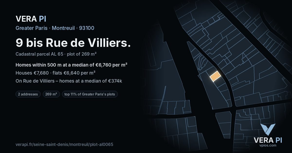 9 bis Rue de Villiers, Montreuil at night – the plot lit, the parcels around coloured by the prices near them