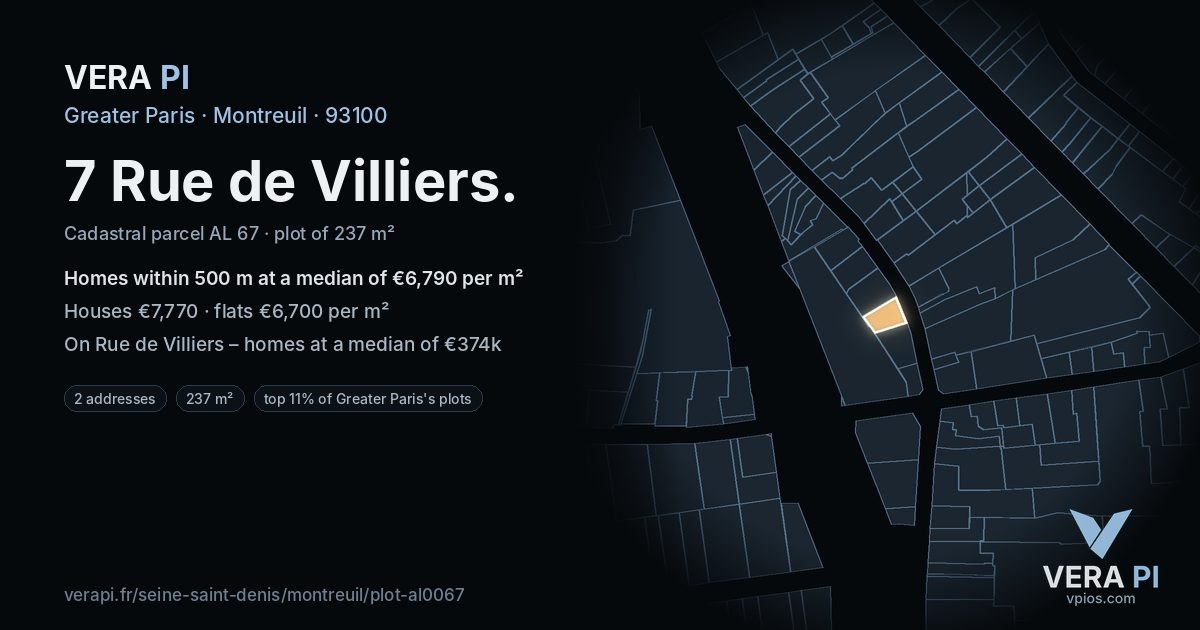 7 Rue de Villiers, Montreuil at night – the plot lit, the parcels around coloured by the prices near them