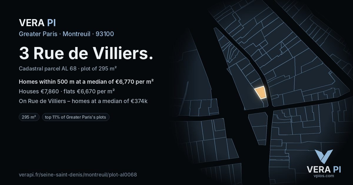3 Rue de Villiers, Montreuil at night – the plot lit, the parcels around coloured by the prices near them