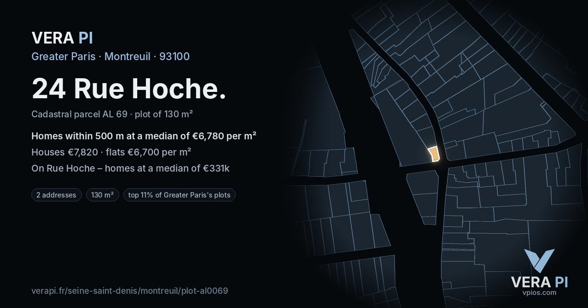 24 Rue Hoche, Montreuil at night – the plot lit, the parcels around coloured by the prices near them