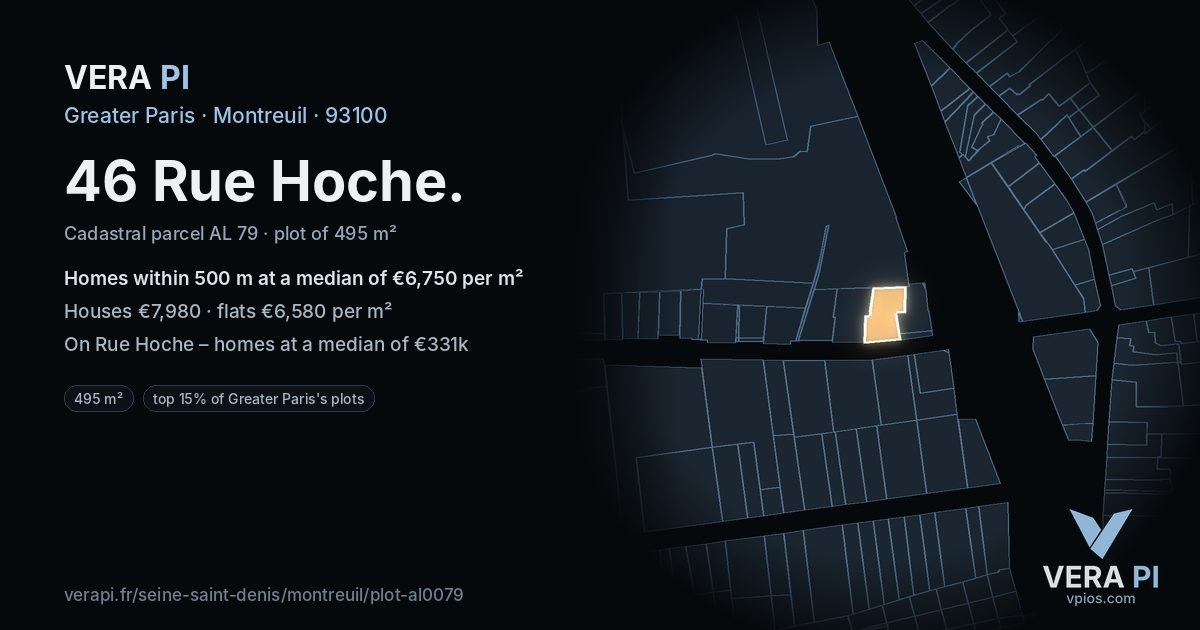 46 Rue Hoche, Montreuil at night – the plot lit, the parcels around coloured by the prices near them