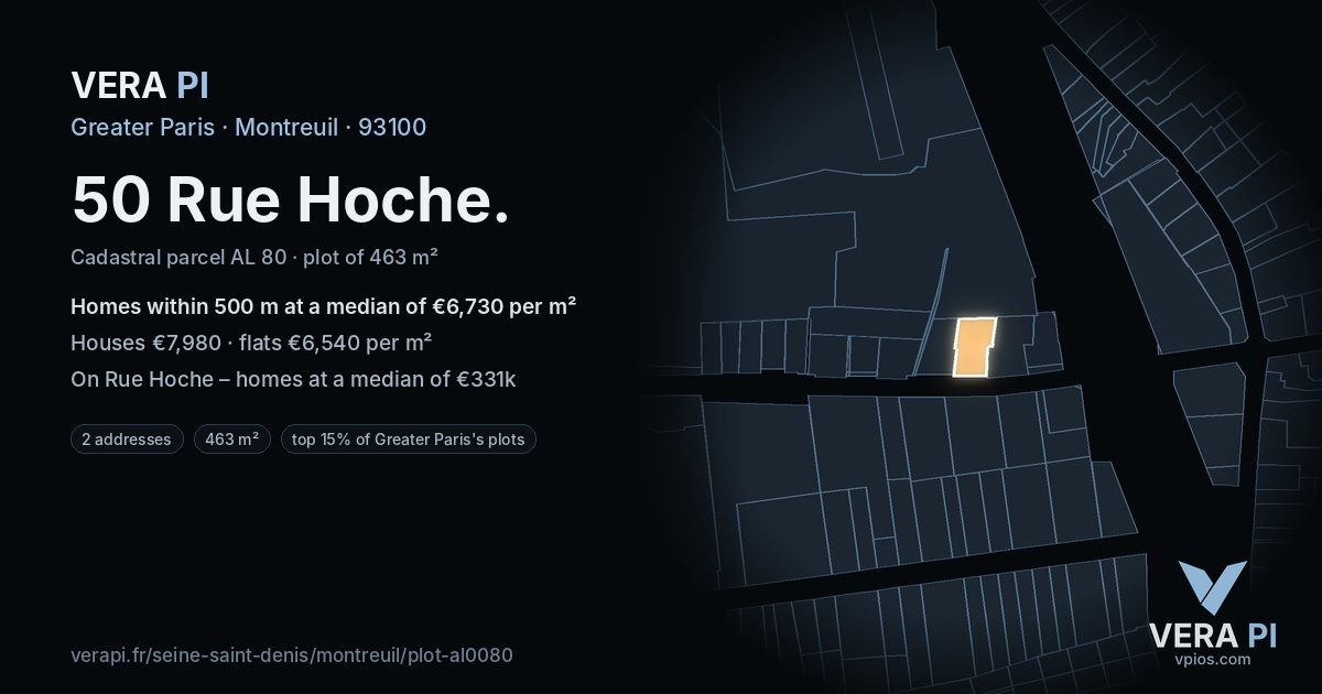50 Rue Hoche, Montreuil at night – the plot lit, the parcels around coloured by the prices near them