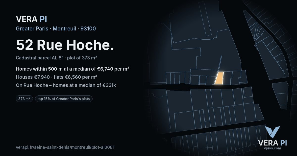 52 Rue Hoche, Montreuil at night – the plot lit, the parcels around coloured by the prices near them