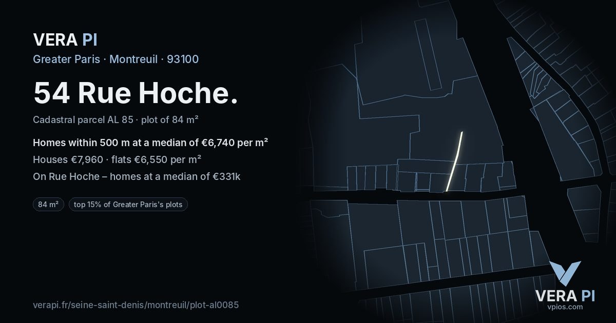 54 Rue Hoche, Montreuil at night – the plot lit, the parcels around coloured by the prices near them