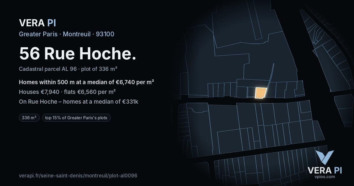56 Rue Hoche, Montreuil at night – the plot lit, the parcels around coloured by the prices near them