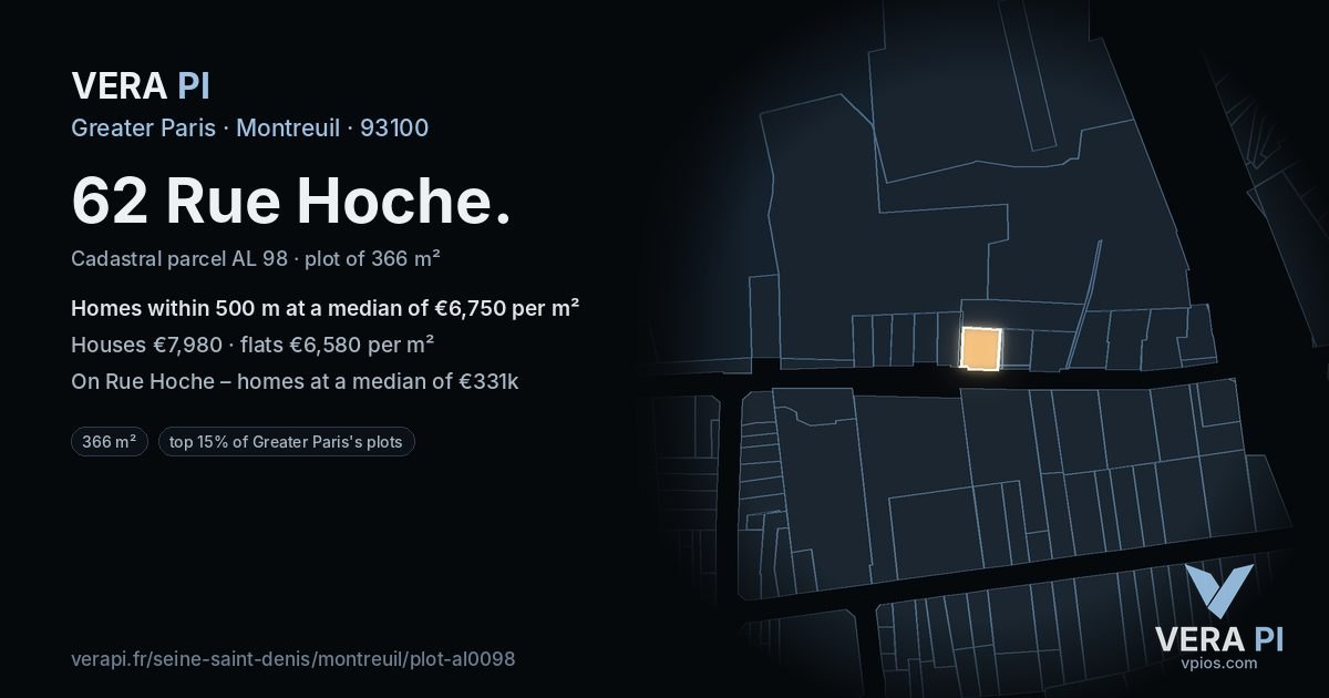 62 Rue Hoche, Montreuil at night – the plot lit, the parcels around coloured by the prices near them
