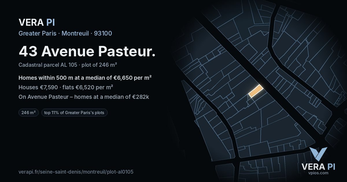 43 Avenue Pasteur, Montreuil at night – the plot lit, the parcels around coloured by the prices near them