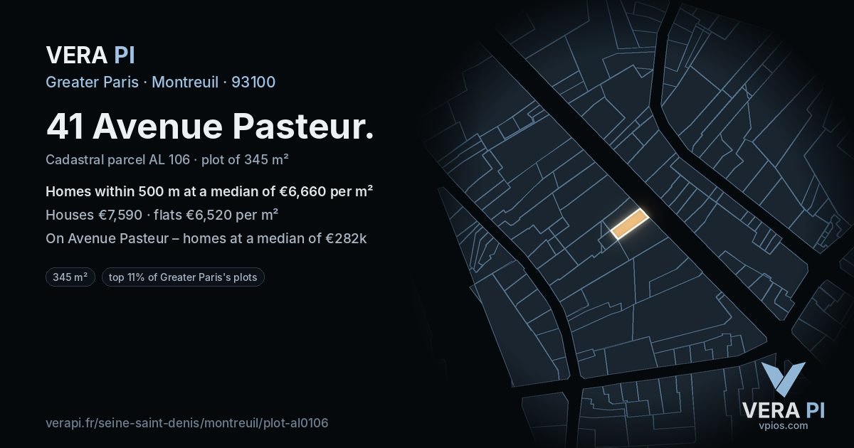 41 Avenue Pasteur, Montreuil at night – the plot lit, the parcels around coloured by the prices near them