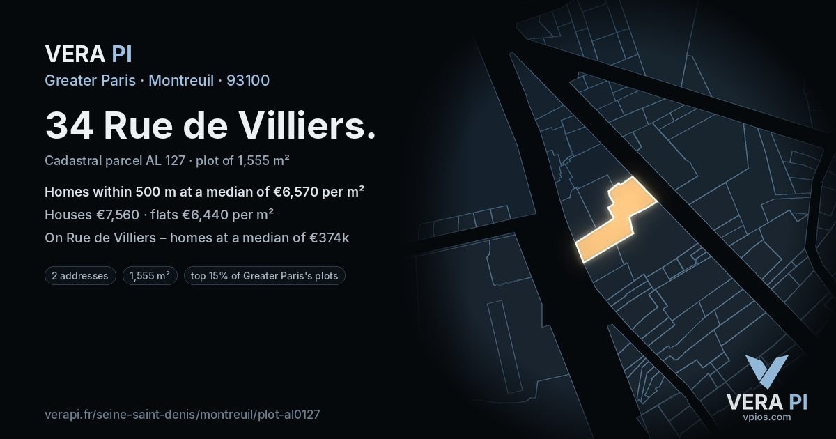 34 Rue de Villiers, Montreuil at night – the plot lit, the parcels around coloured by the prices near them