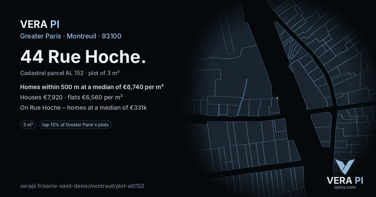 44 Rue Hoche, Montreuil at night – the plot lit, the parcels around coloured by the prices near them