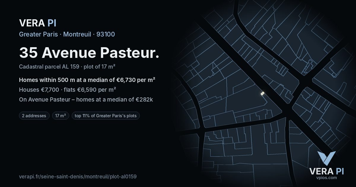 35 Avenue Pasteur, Montreuil at night – the plot lit, the parcels around coloured by the prices near them