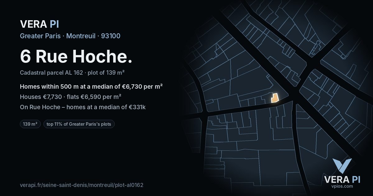 6 Rue Hoche, Montreuil at night – the plot lit, the parcels around coloured by the prices near them