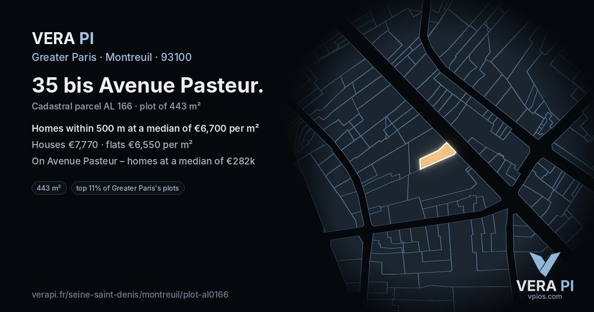 35 bis Avenue Pasteur, Montreuil at night – the plot lit, the parcels around coloured by the prices near them