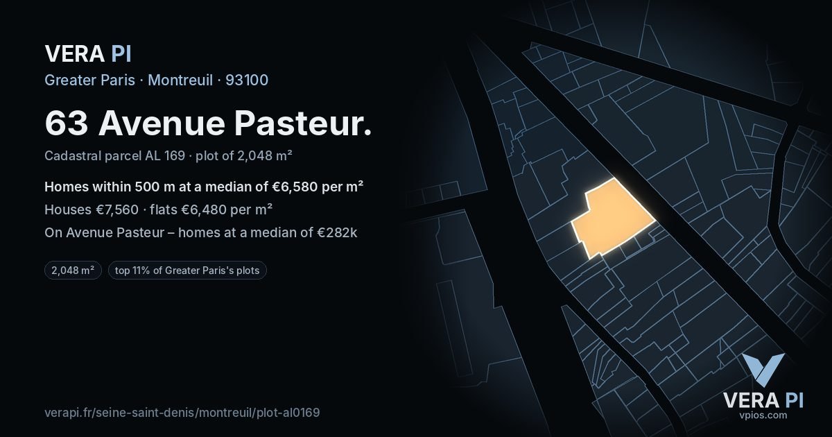 63 Avenue Pasteur, Montreuil at night – the plot lit, the parcels around coloured by the prices near them