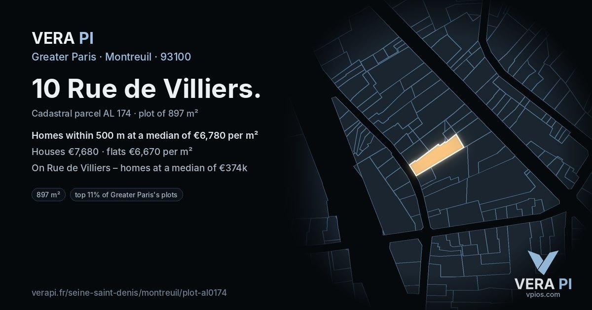 10 Rue de Villiers, Montreuil at night – the plot lit, the parcels around coloured by the prices near them