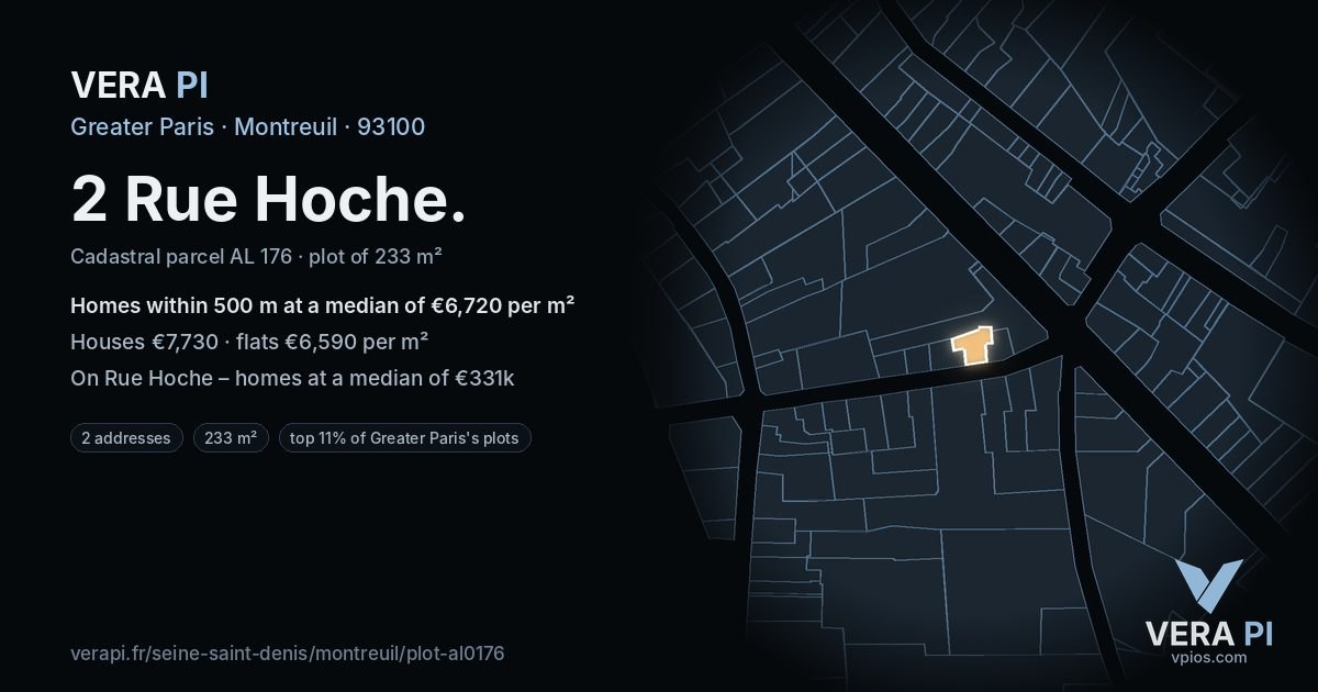 2 Rue Hoche, Montreuil at night – the plot lit, the parcels around coloured by the prices near them