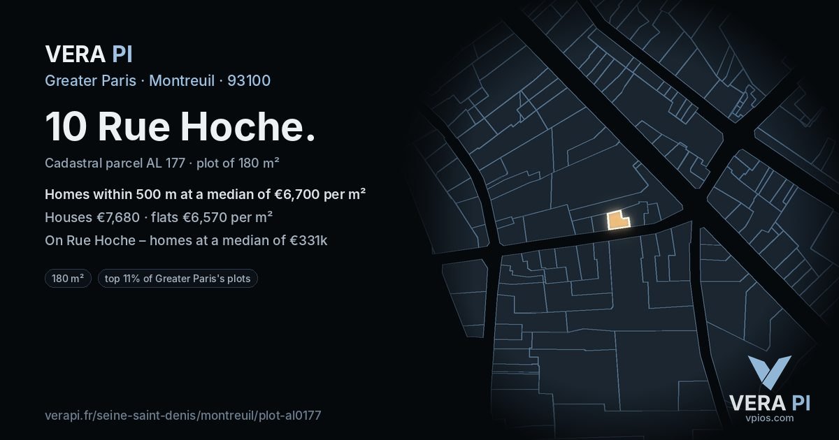10 Rue Hoche, Montreuil at night – the plot lit, the parcels around coloured by the prices near them