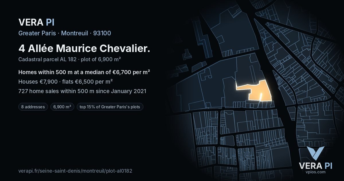 4 Allée Maurice Chevalier, Montreuil at night – the plot lit, the parcels around coloured by the prices near them