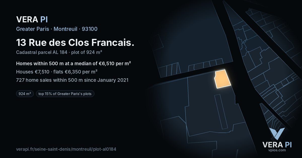 13 Rue des Clos Francais, Montreuil at night – the plot lit, the parcels around coloured by the prices near them