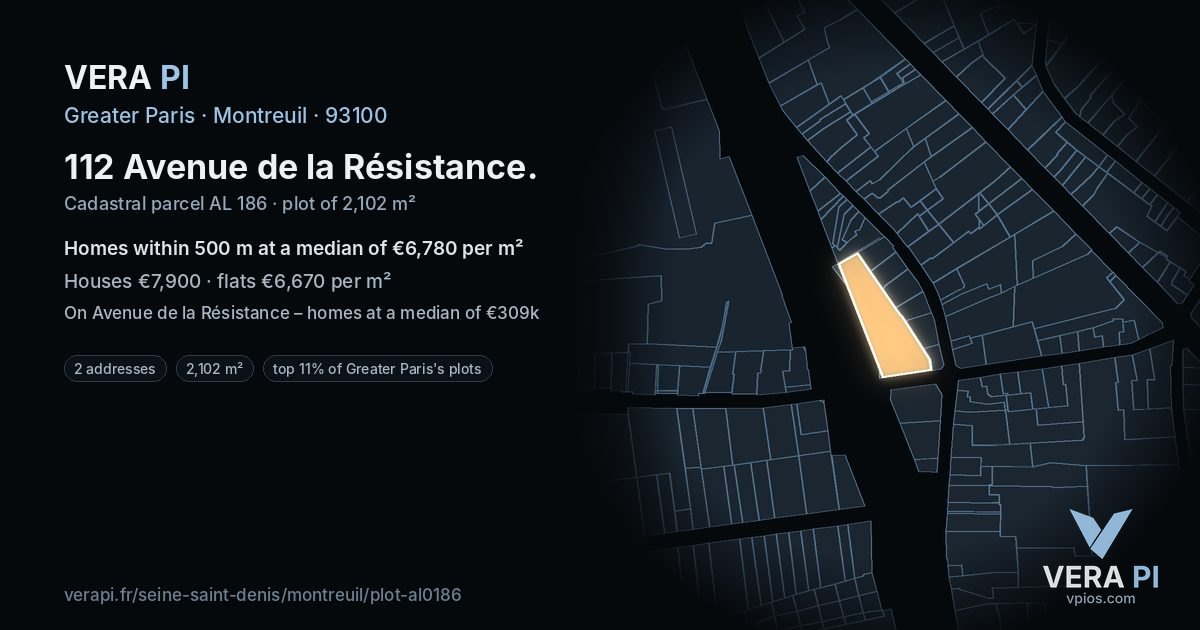 112 Avenue de la Résistance, Montreuil at night – the plot lit, the parcels around coloured by the prices near them