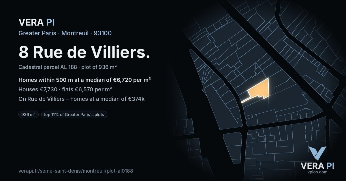 8 Rue de Villiers, Montreuil at night – the plot lit, the parcels around coloured by the prices near them