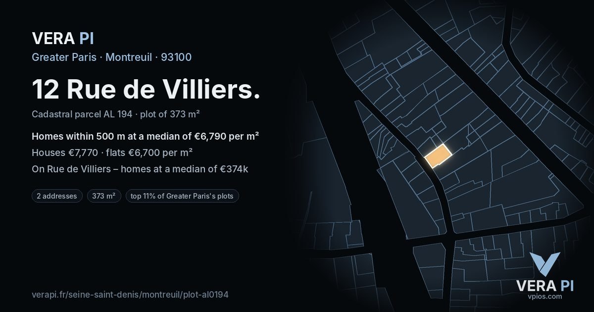 12 Rue de Villiers, Montreuil at night – the plot lit, the parcels around coloured by the prices near them