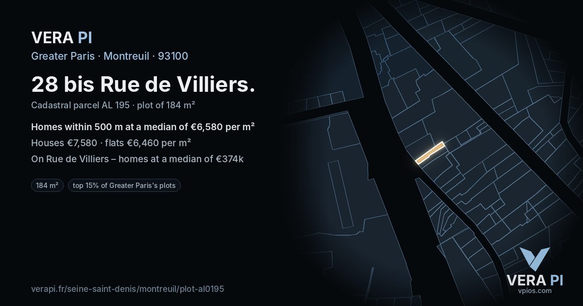 28 bis Rue de Villiers, Montreuil at night – the plot lit, the parcels around coloured by the prices near them