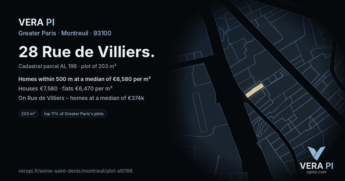 28 Rue de Villiers, Montreuil at night – the plot lit, the parcels around coloured by the prices near them