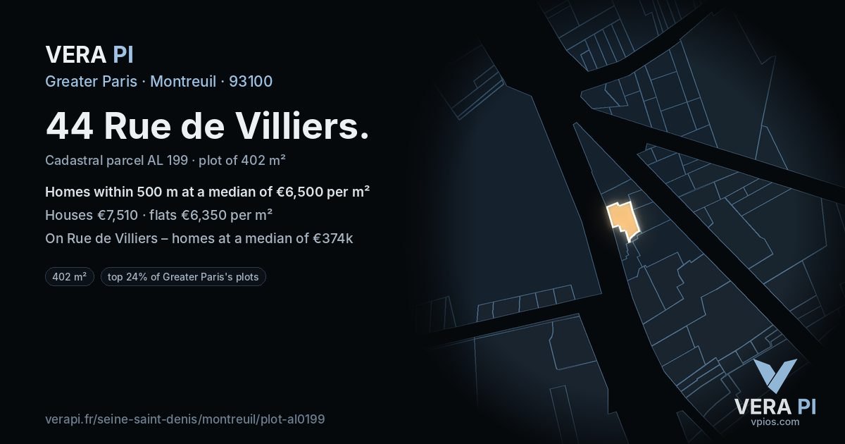 44 Rue de Villiers, Montreuil at night – the plot lit, the parcels around coloured by the prices near them