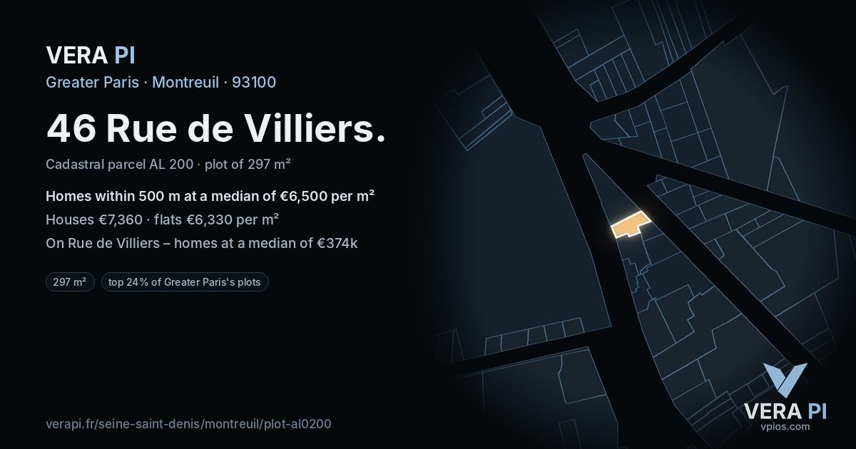 46 Rue de Villiers, Montreuil at night – the plot lit, the parcels around coloured by the prices near them